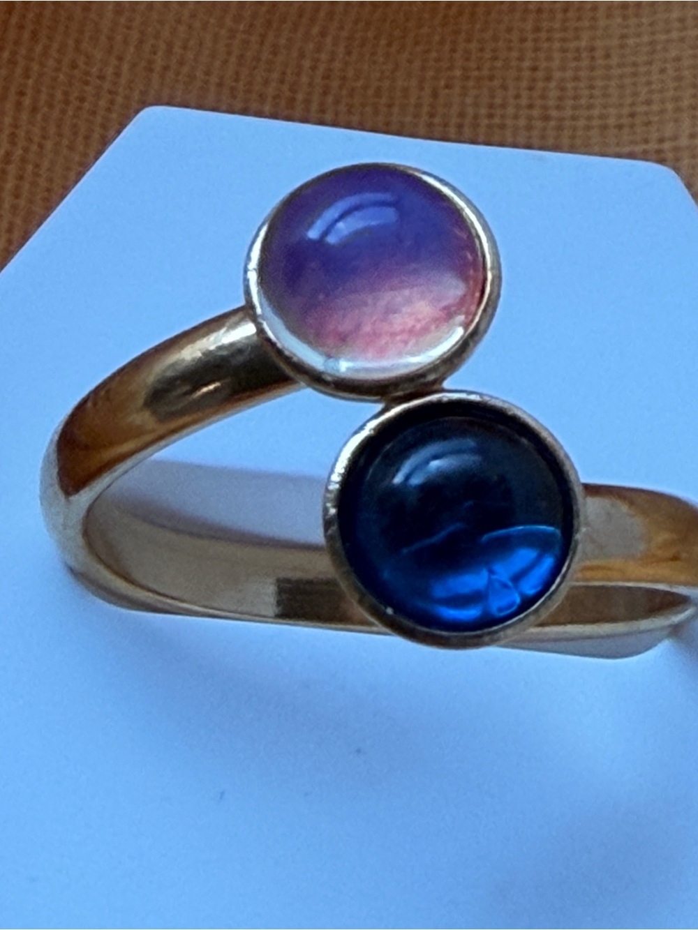 Gold-plated Open Ring with pink Opal and Sapphire Cabochons
